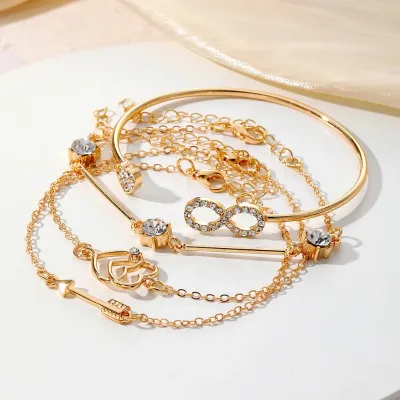 Vintage Rhinestone Heart Multilayer Arrow Chain Bracelet Set